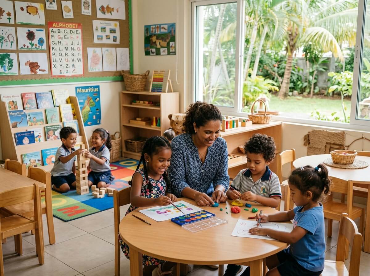 Realistic warm pre-primary classroom in Mauritius with children doing creative learning activities