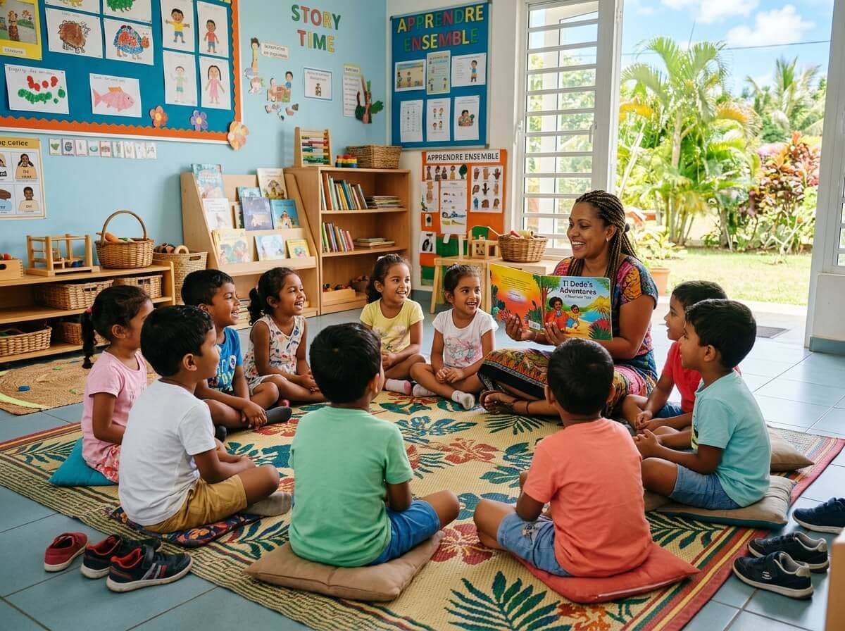 Children in Mauritius sitting in a circle for story time with a teacher reading a book