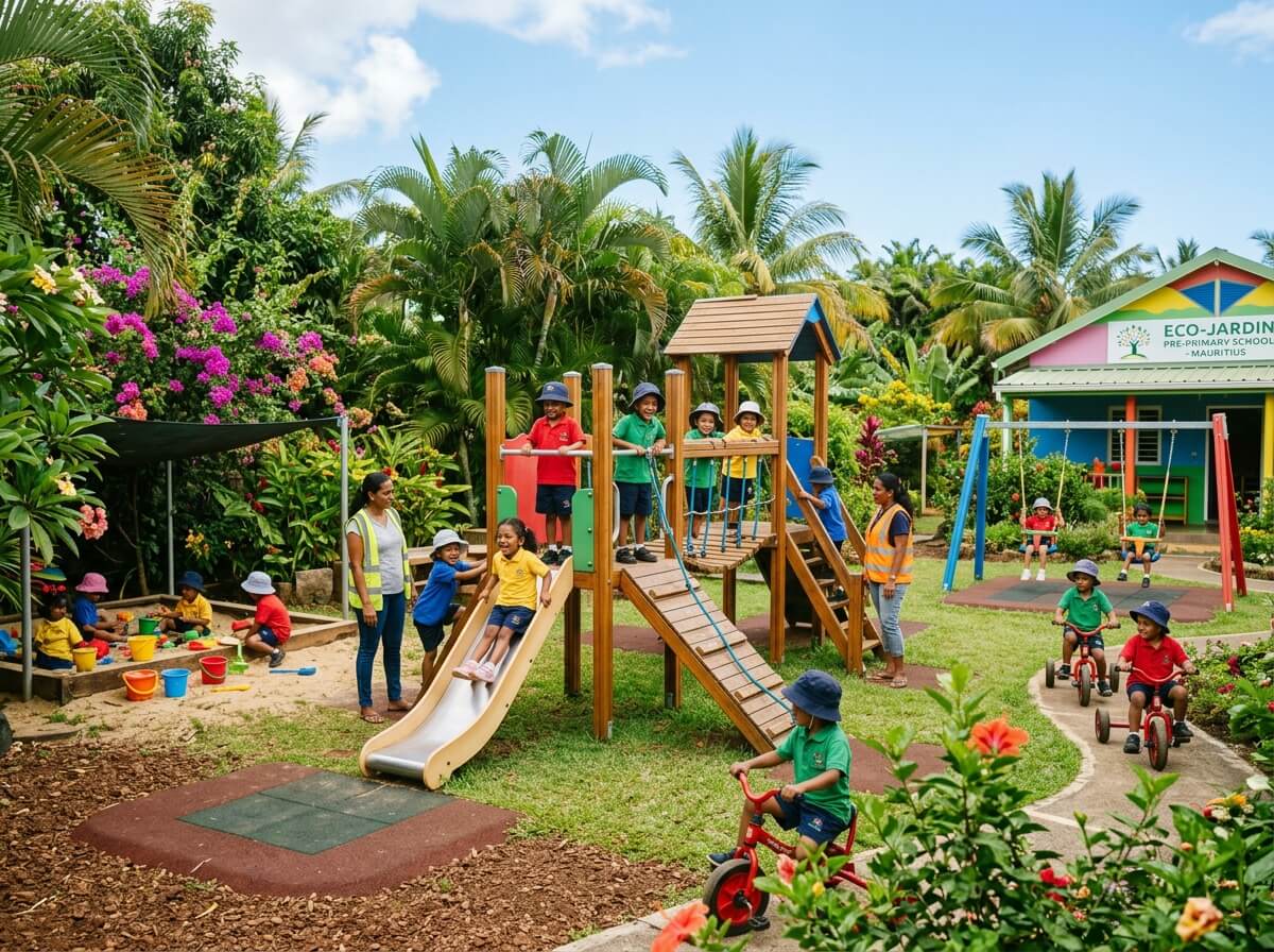 Pre-primary school outdoor play area in Mauritius with children playing safely
