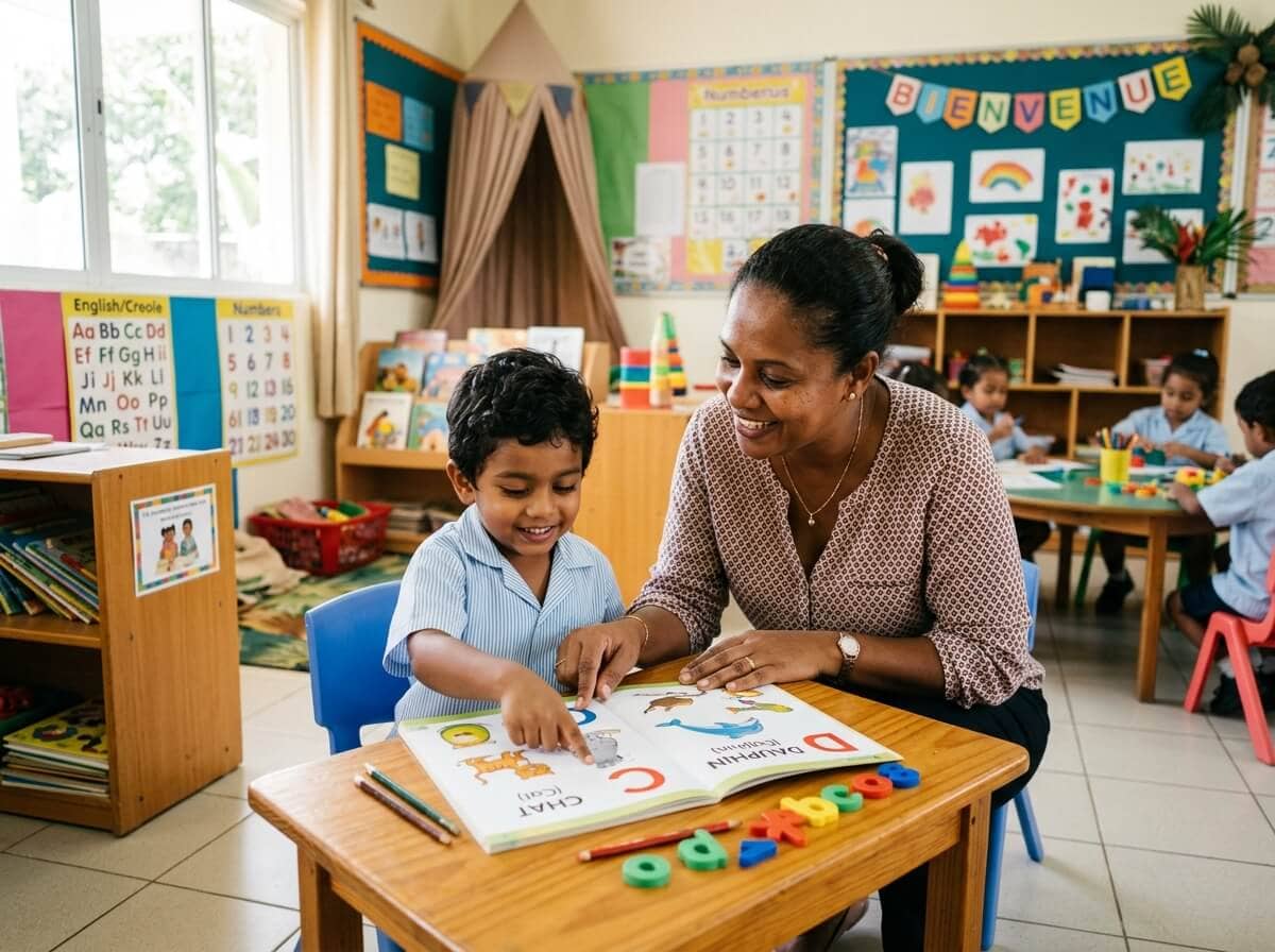 Caring teacher helping a child with alphabet learning in a Mauritius nursery classroom