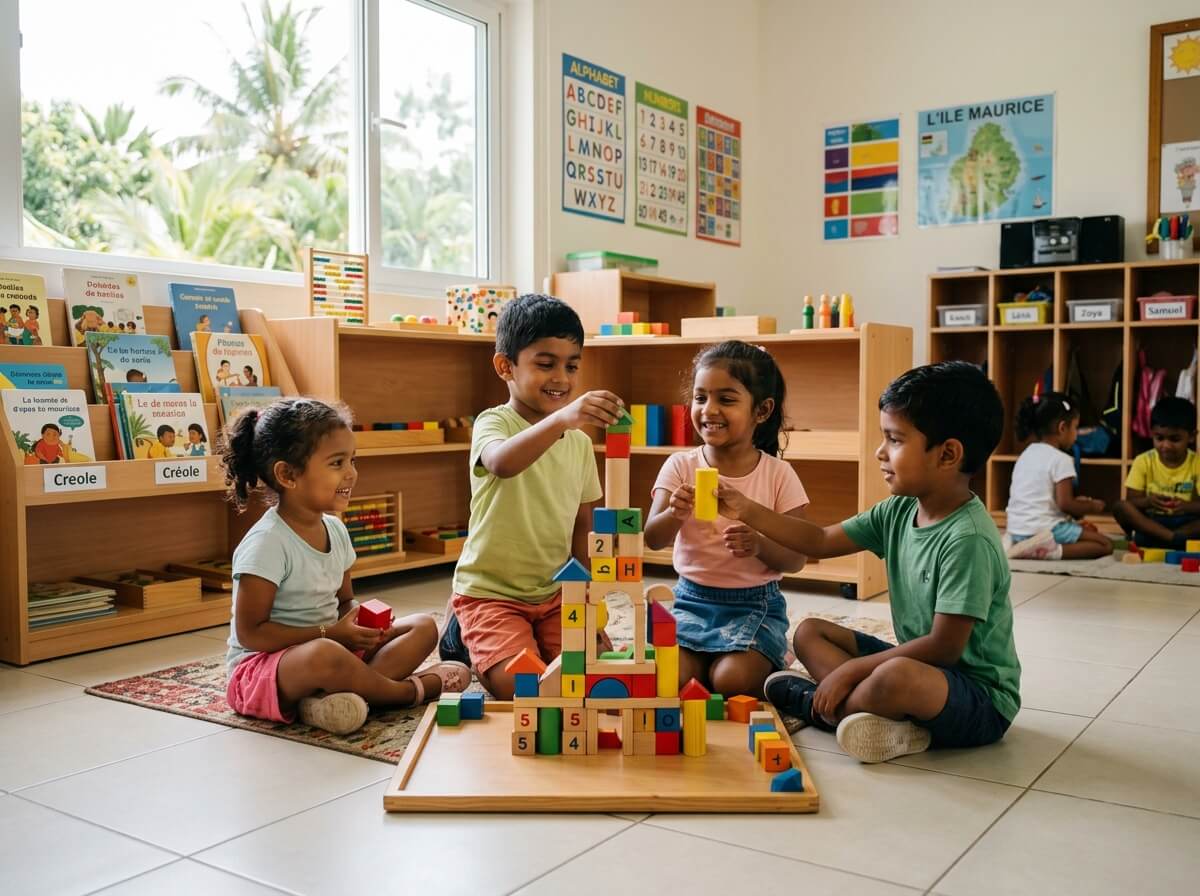 Young children building blocks in a clean pre-primary classroom in Mauritius
