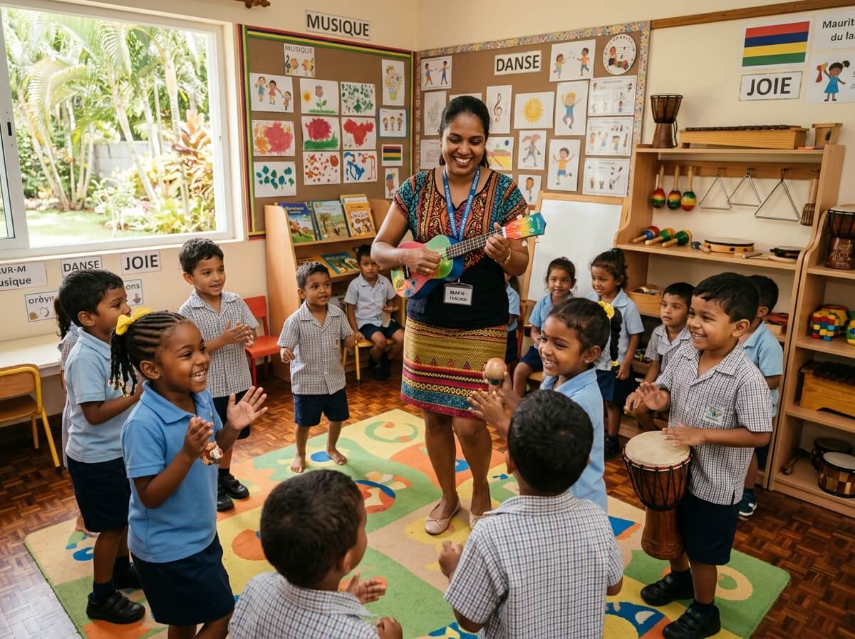 Mauritius kindergarten music and movement activity with children smiling