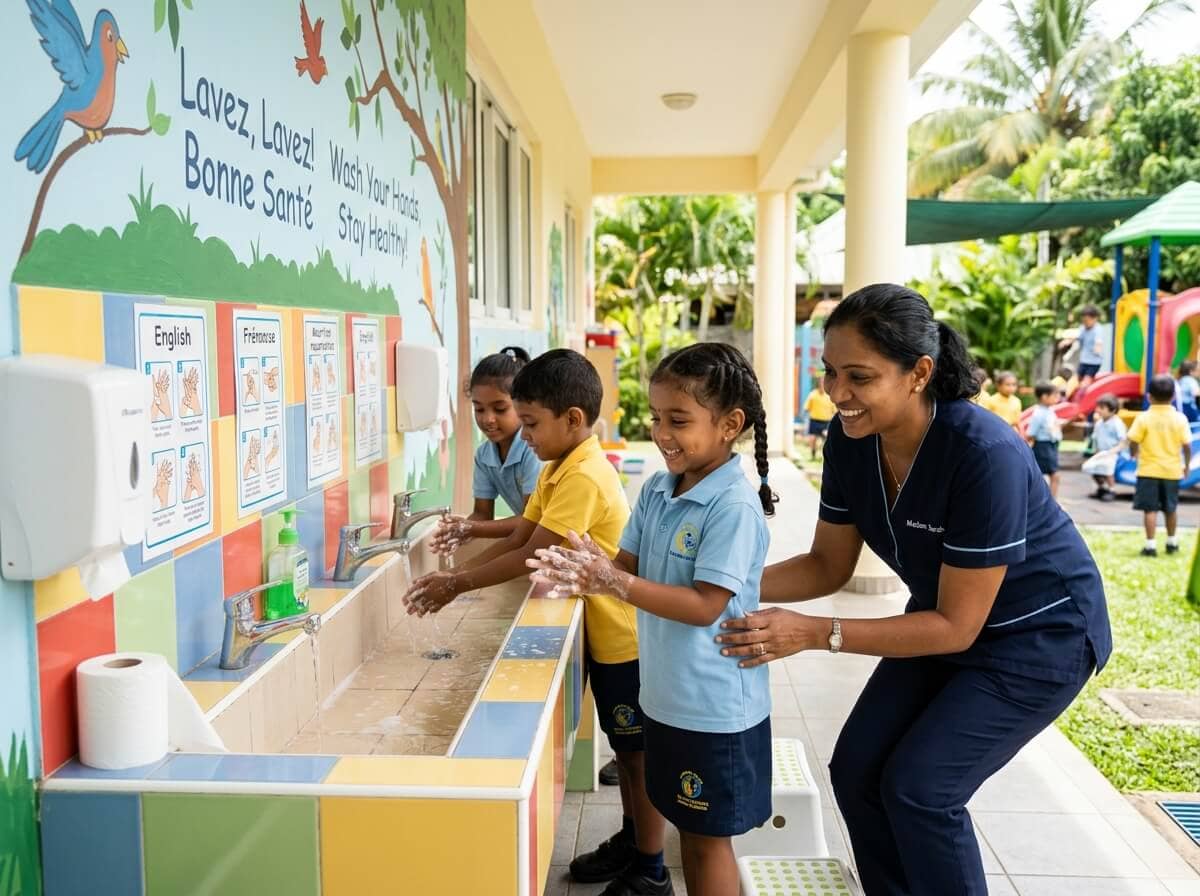 Children learning hygiene routine at a preschool in Mauritius