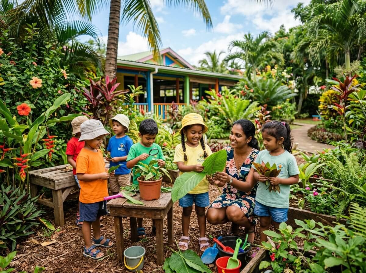 Mauritius preschool garden learning activity with children exploring plants and leaves