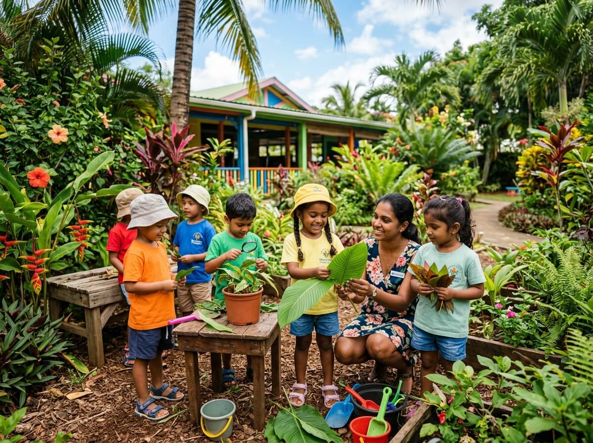 Mauritius preschool garden learning activity with children exploring plants and leaves